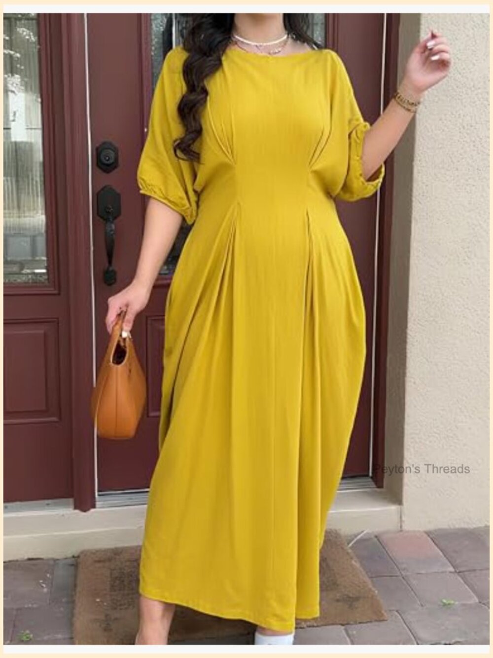 Vintage Linen Midi Dress Puff Sleeves Crew Neck Empire Waist with Pockets - Picture 2 of 7